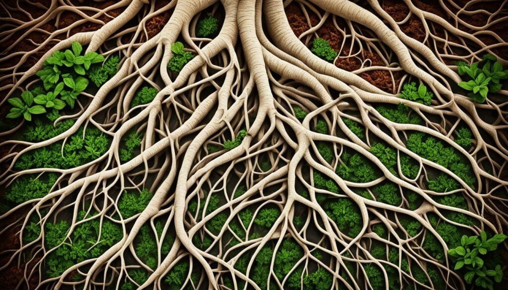 Healthy plant roots with mycorrhizal fungi