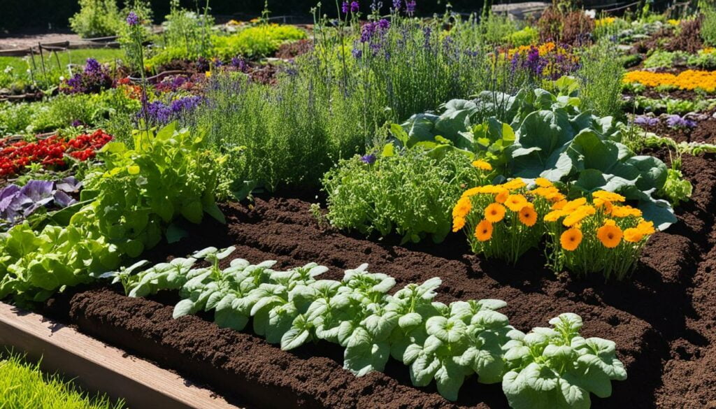 Healthy companion planted garden soil